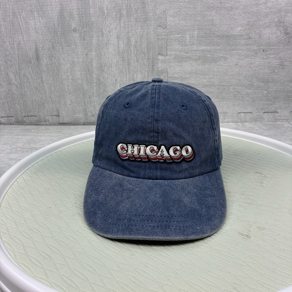 Chicago Hat Cap Strap Back Blue Denim Embroidered Logo Bubble Letters